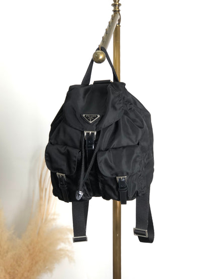 PRADA Triangle Logo Double Pocket  Backpack Black Vintage jpaw6y