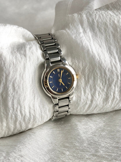 Yves Saint Laurent YSL Logo Quartz Watch Silver×Navy 5930-F91474 TA Vintage wg2id7