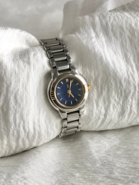 Yves Saint Laurent YSL Logo Quartz Watch Silver×Navy 5930-F91474 TA Vintage wg2id7