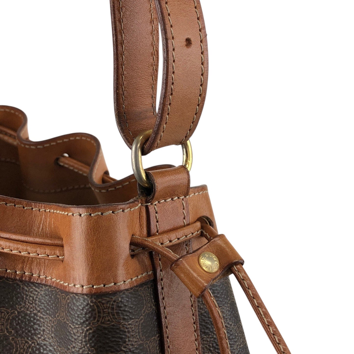 CELINE Macadam Blason Drawstring Shoulder bag Brown Vintage 8s5hbf