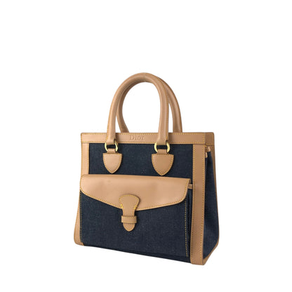 Christian Dior Logo Canvas Handbag Beige×Blue Vintage fwaghn