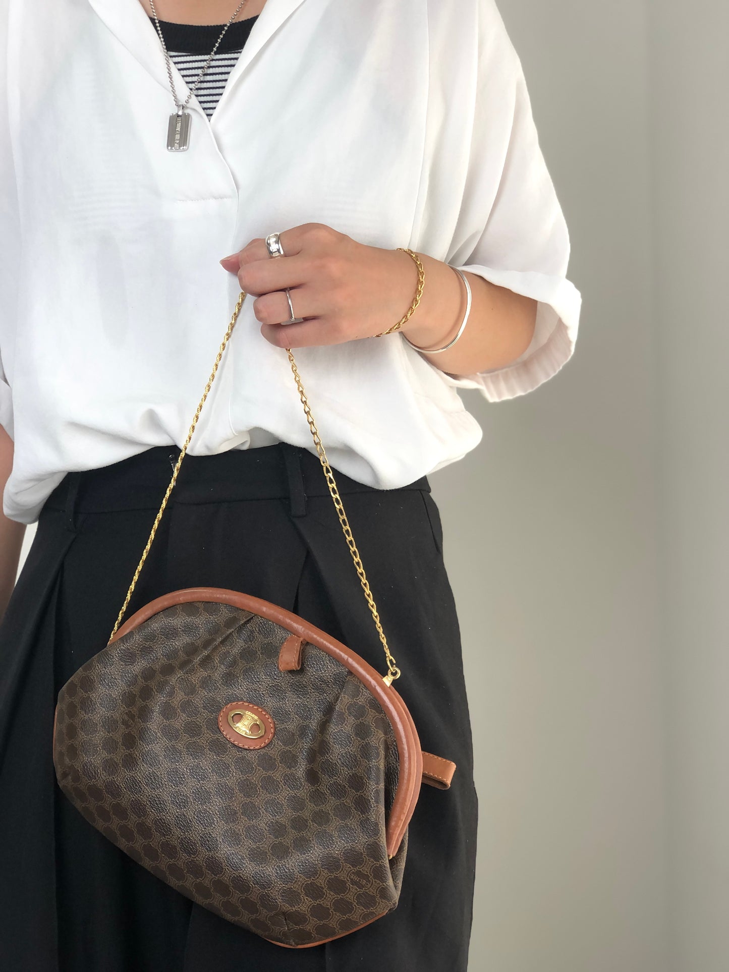 CELINE Macadam Metal Closure Chain Shoulder bag Brown Vintage tfpb4s