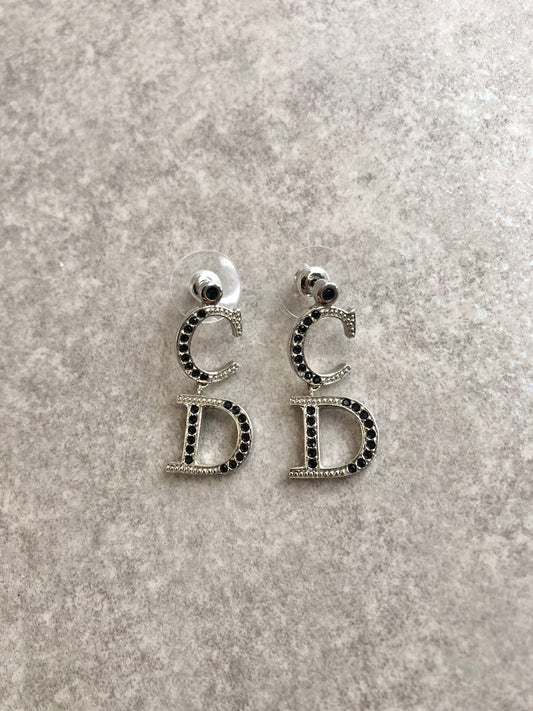Christian Dior CD Logo Rhinestone Pierced Silver×Black Vintage 3yzthp