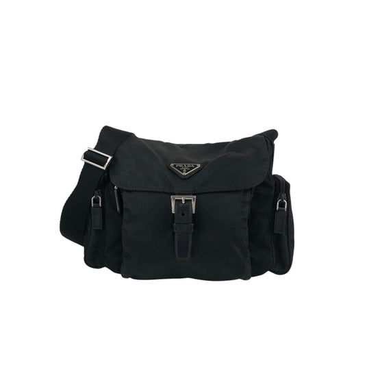 PRADA Tessuto Triangle Logo Front Buckle Side Pocket Shoulder bag Black Vintage 5whkzb