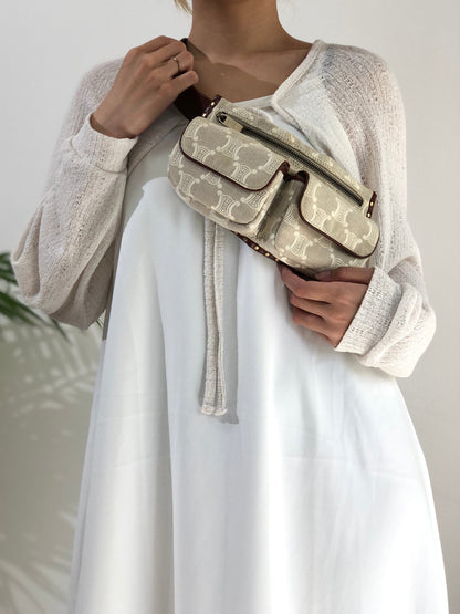 CELINE Paris Macadam 帆布皮革肩背包斜背包米色復古 xc3b36 