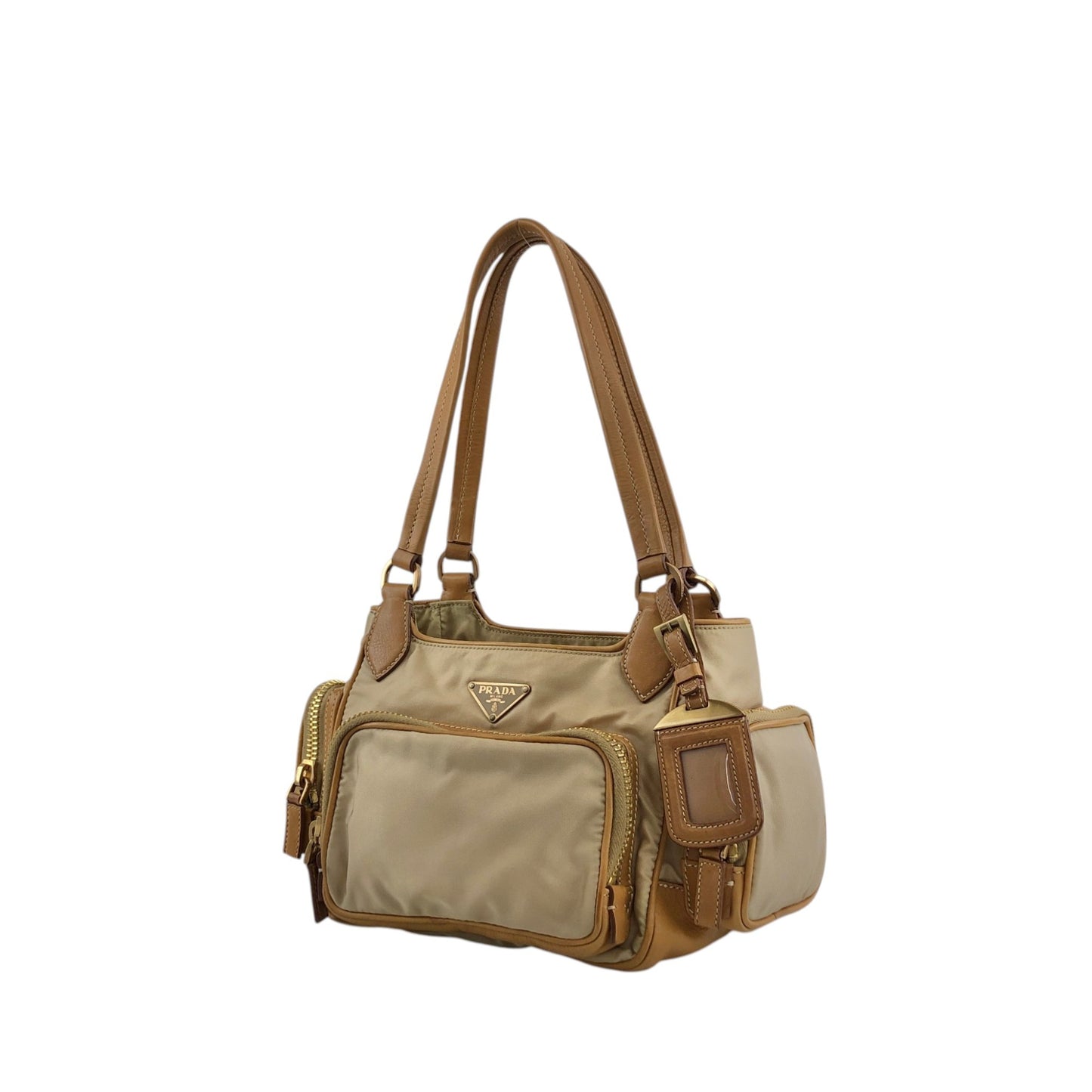 PRADA Tessuto Triangle Logo Side Pocket Handbag Beige Vintage a35ftn
