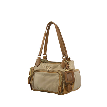 PRADA Tessuto Triangle Logo Side Pocket Handbag Beige Vintage a35ftn