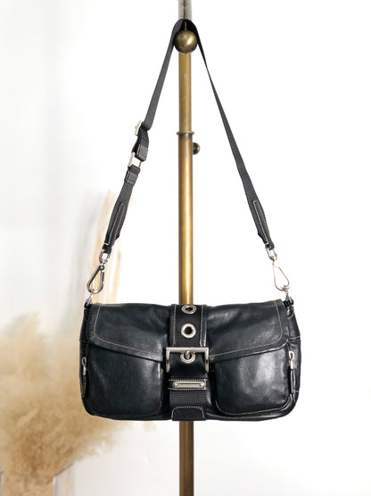 PRADA Triangle Logo Front Buckle Double Pocket Shoulder bag Black Vintage vjewiz