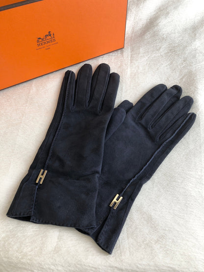 HERMES Logo Gloves Navy Vintage 4paauh