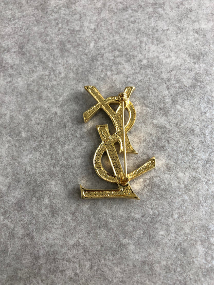 Yves Saint Laurent YSL Logo Rhinestone Brooch Gold Vintage 6w4tg3