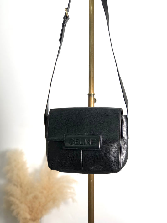 CELINE Logo Embossed Shoulder bag Black Vintage 66np7h
