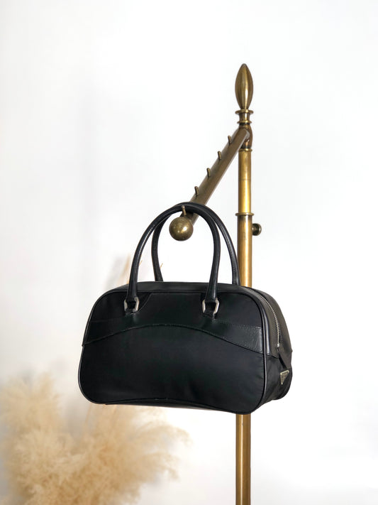 PRADA Tessuto Triangle Logo Small Boston bag Handbag Black Vintage ezhmex