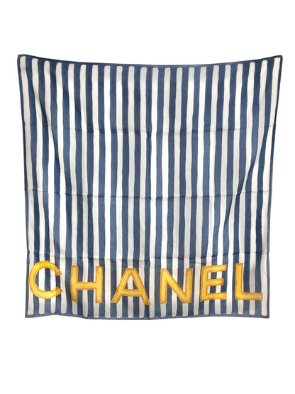 CHANEL Logo  Scarf Blue×White CottonVintage hxte7s