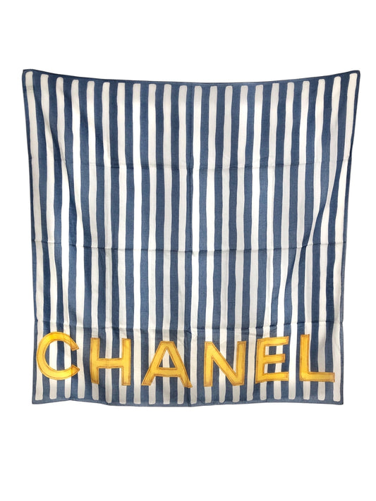 CHANEL Logo  Scarf Blue×White CottonVintage hxte7s