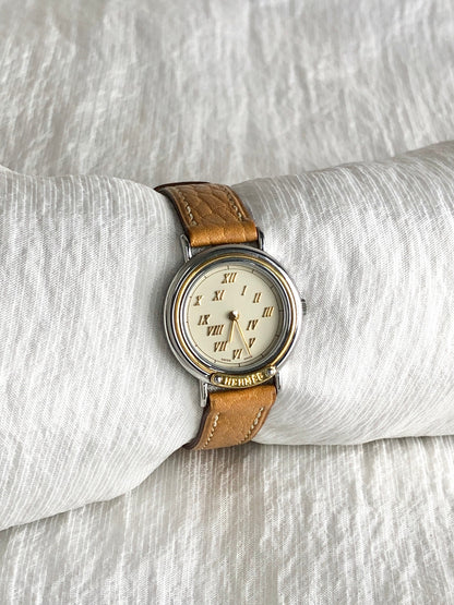 HERMES Logo Quartz Watch Camel Vintage tfub3s