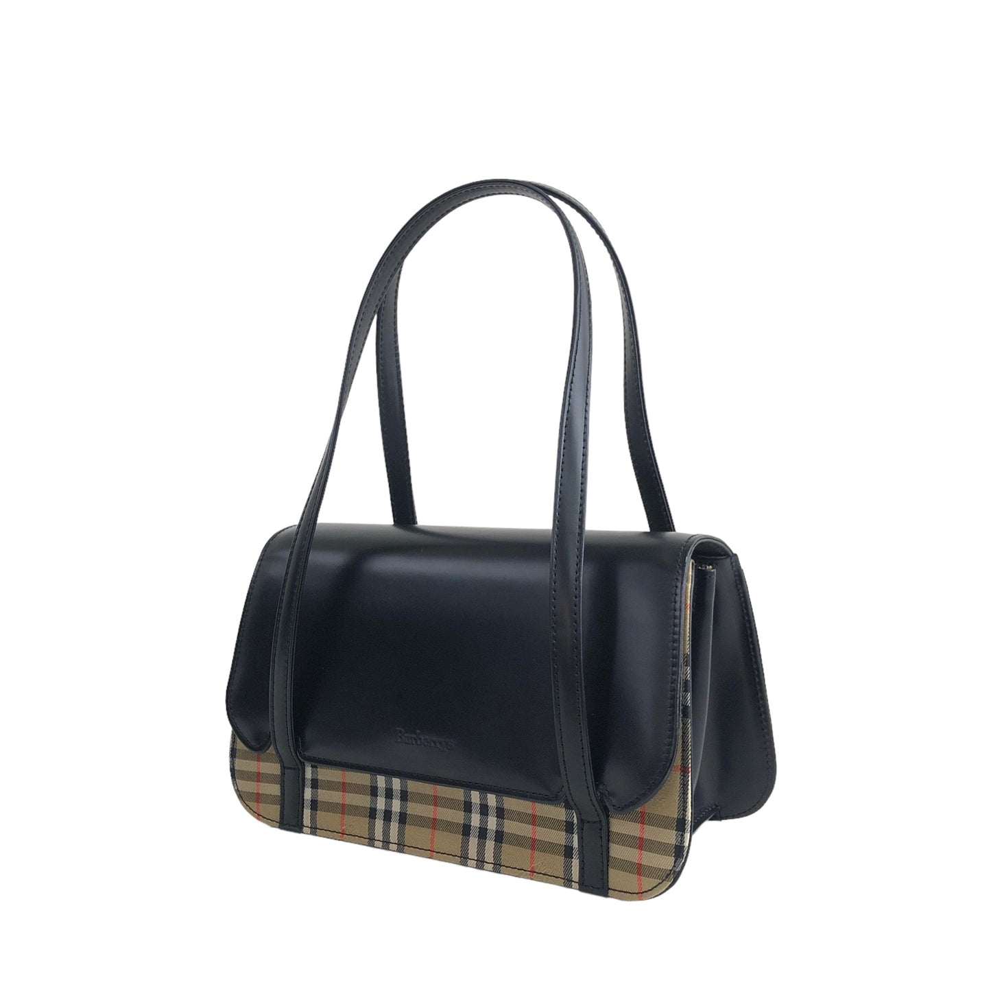 BURBERRY Nova Check Logo Canvas Leather Handbag Black Vintage  aividn