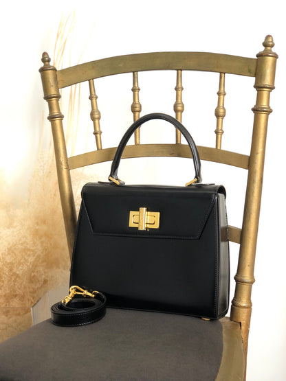 CELINE Turn Lock Two-way Handbag Shoulder bag Black Vintage aerfah