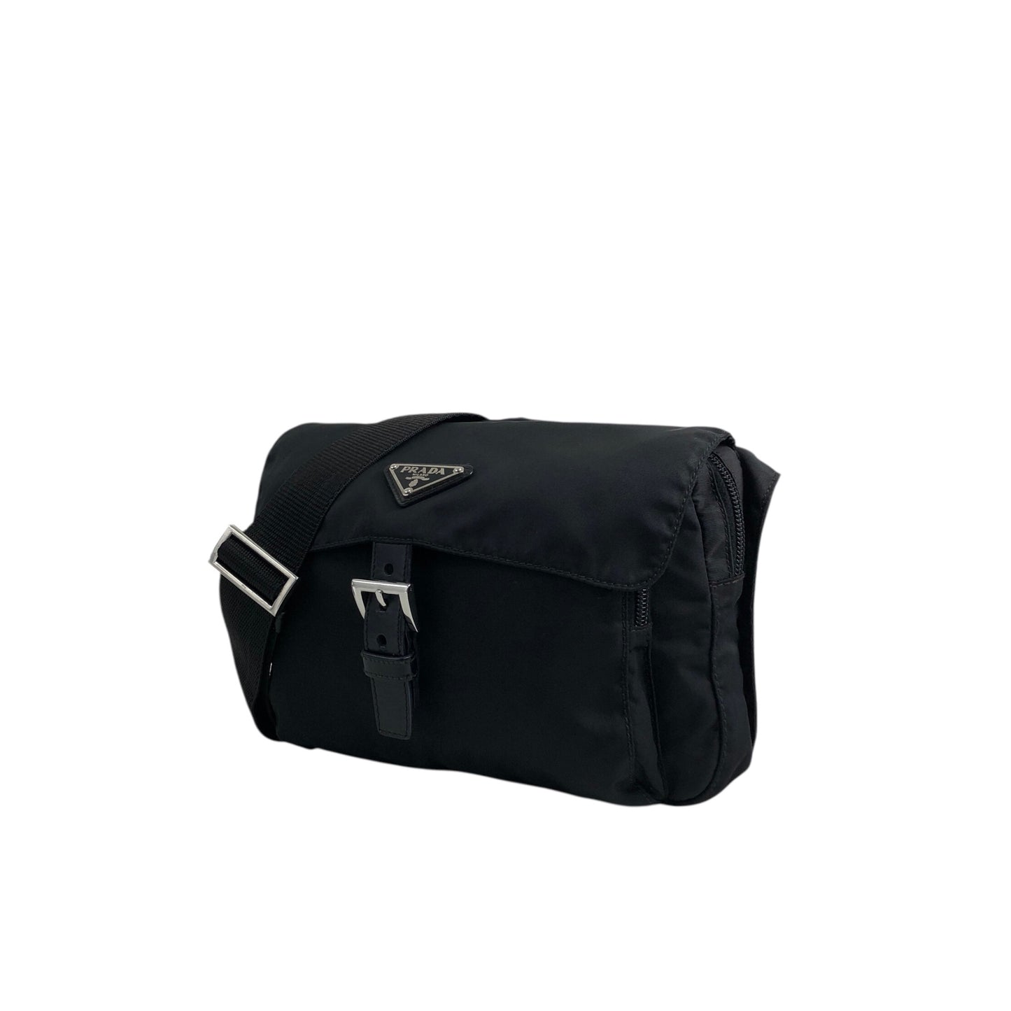 PRADA Tessuto Triangle Logo Front Buckle Shoulder bag Black Vintage mkij8a