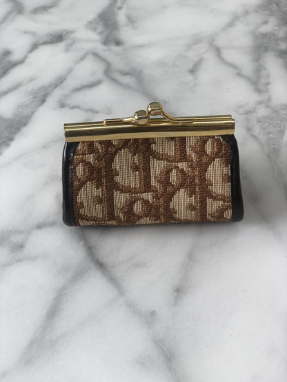 Christian Dior Trotter Jacquard Leather Metal Clasp Coin Purse Brown Vintage mcrrev