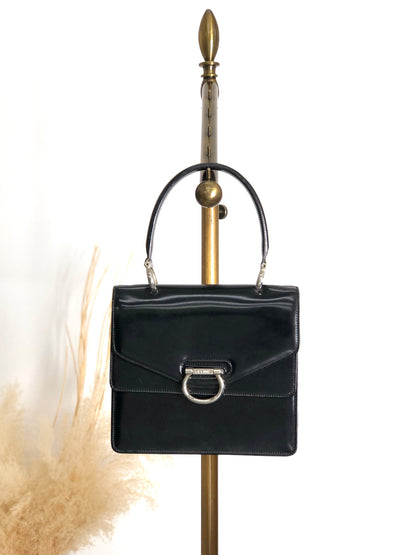CELINE Gancini Double Flap Top Handle Handbag Black Vintage ku22zn