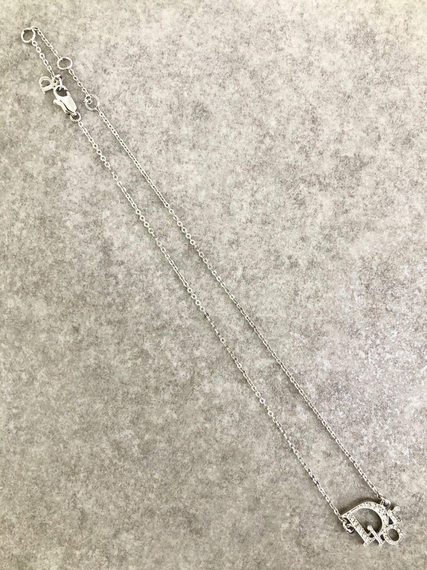 Christian Dior Logo Motif Rhinestone Necklace Silver Vintage 7cngfa