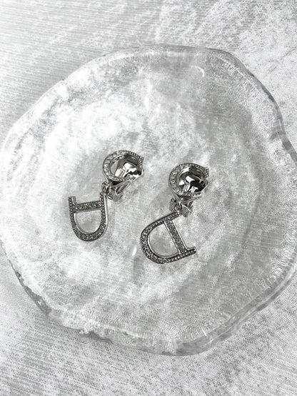 Christian Dior CD Logo Rhinestone Earrings Silver Vintage ztahea