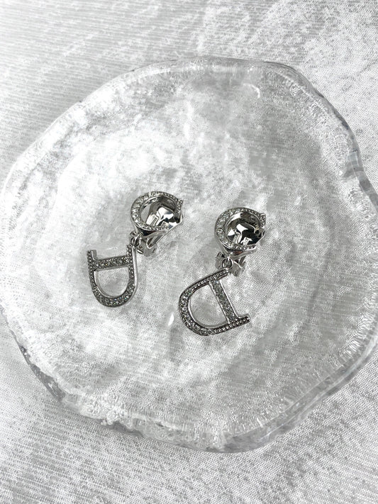 Christian Dior CD Logo Rhinestone Earrings Silver Vintage ztahea