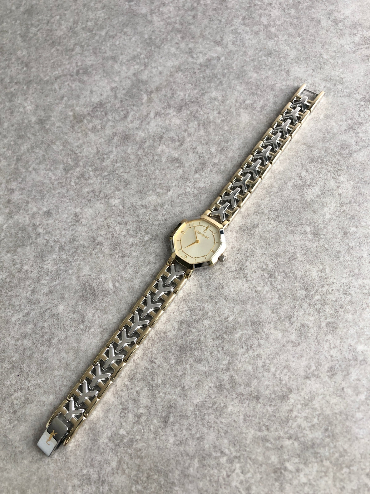 Yves Saint Laurent YSL Logo Octagon Quartz Watch Gold×Silver 2200-241762 Vintage fsc8bp