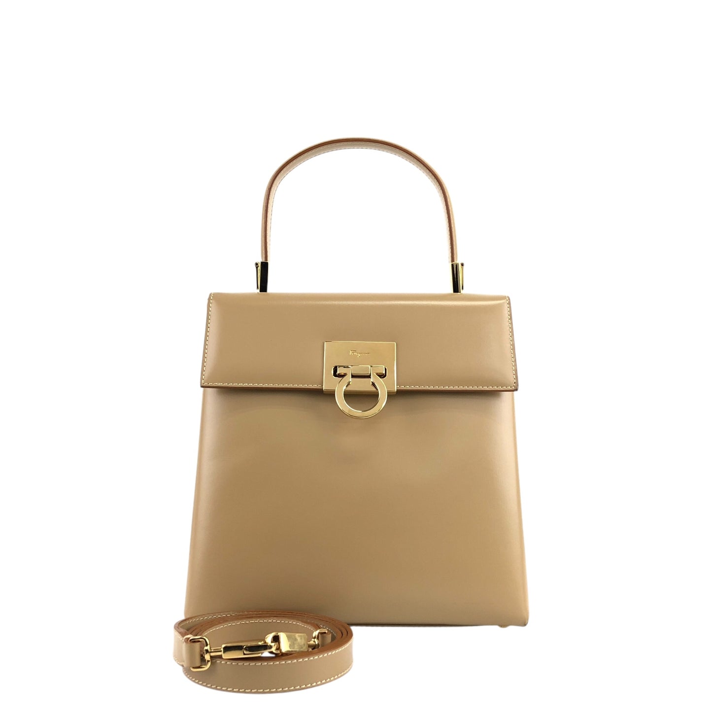 Salvatore Ferragamo Gancini Two-way Handbag Shoulder bag Beige Vintage einekb