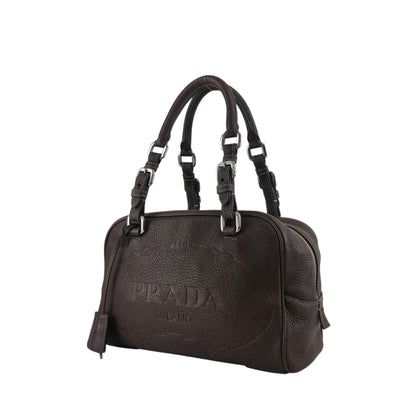PRADA Logo Embossed Handbag Boston bag Brown Vintage pn7xkf