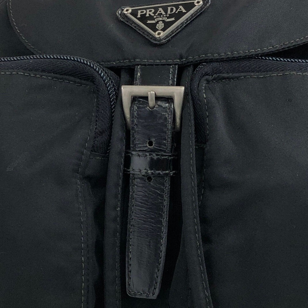 PRADA Triangle Logo Front Buckle Double Pocket Backpack Black Vintage 7ugci6