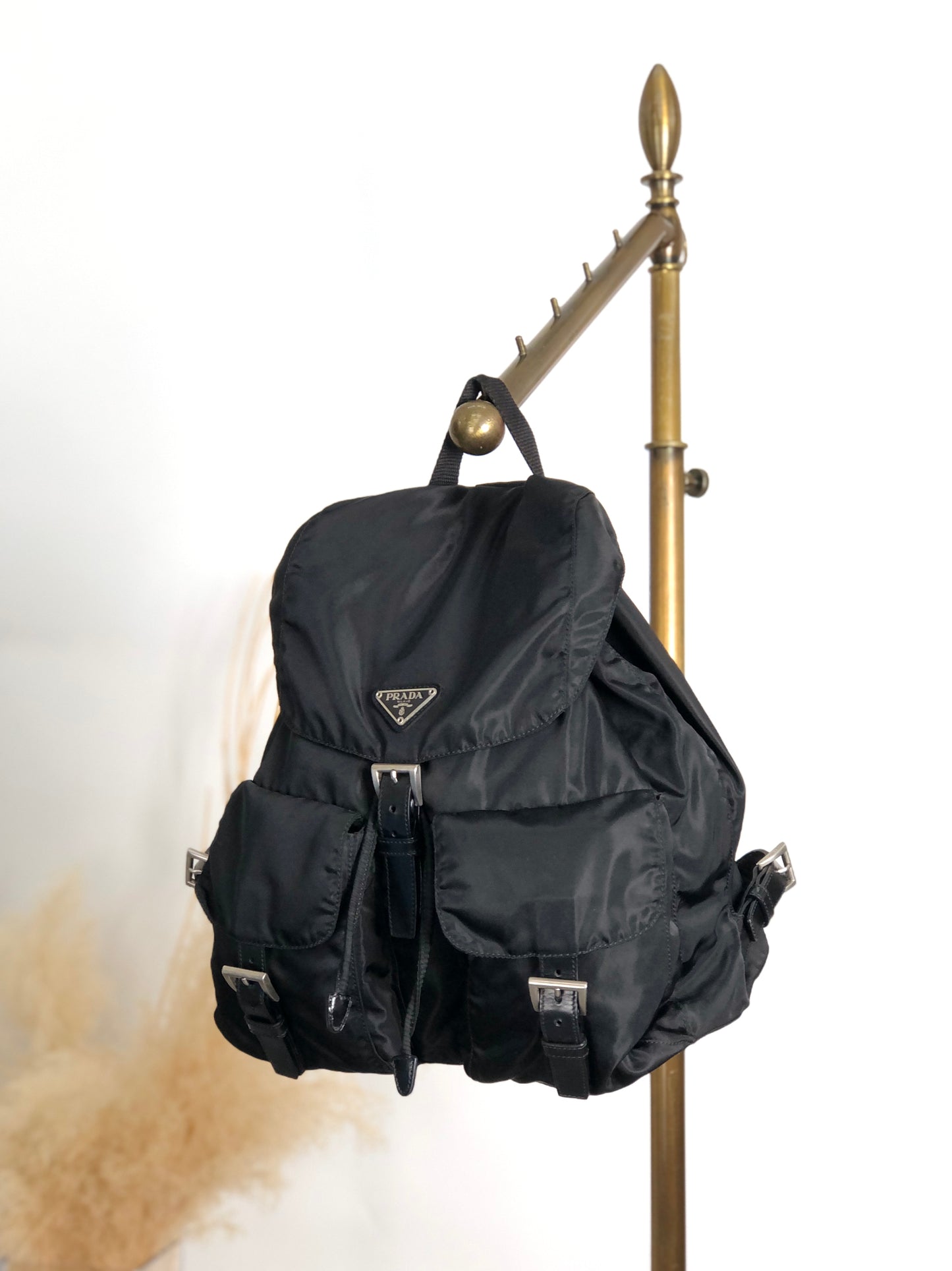 PRADA Tessuto Triangle Logo Front Buckle Double Pocket Backpack Black Vintage mkvbvj