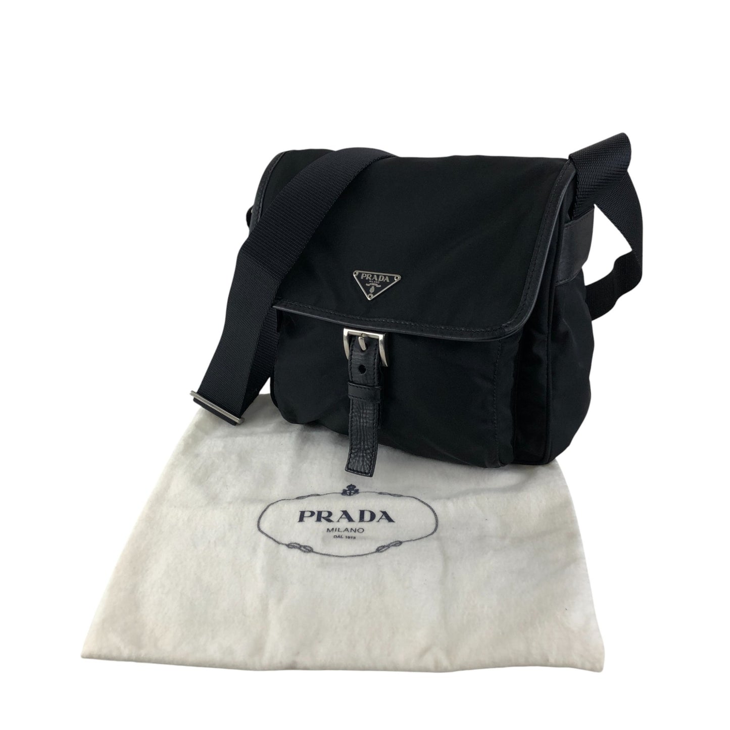 PRADA Tessuto Triangle Logo Front Buckle Shoulder bag Black Vintage kyt5ds