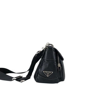 PRADA Triangle Logo Front Buckle Double Pocket Shoulder bag Black Vintage vjewiz