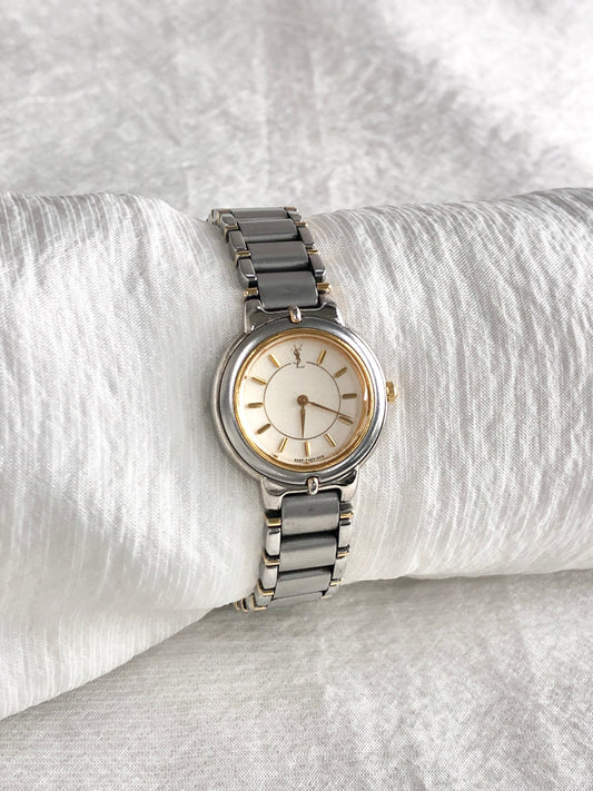 Yves Saint Laurent YSL Logo Quartz Watch Silver 5420-F45413 Vintage wyf5mz