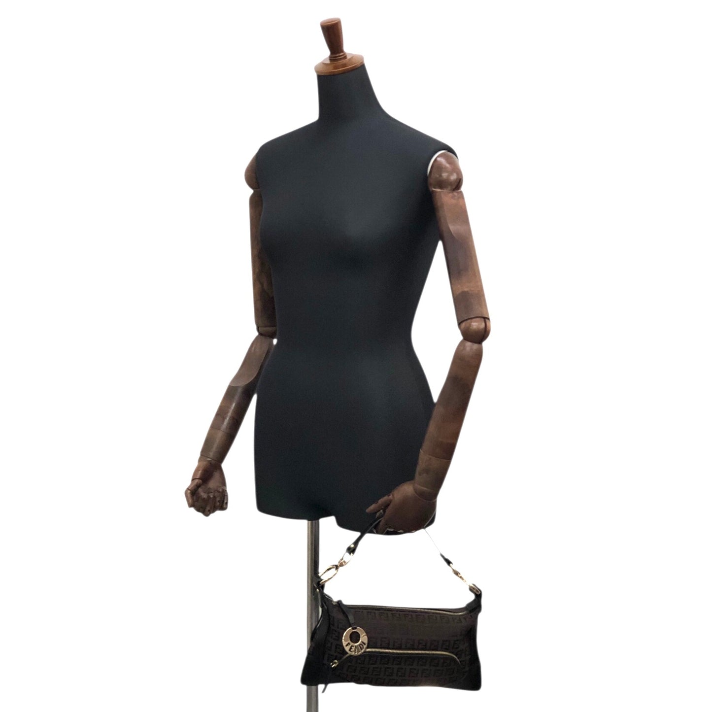 FENDI Zucchino Logo Charm Handbag Hobobag Brown Vintage fhfygp