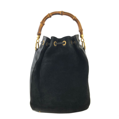 GUCCI Bamboo Handle Suede Two-way Drawstring Handbag Shoulder bag Black Vintage z3v3su