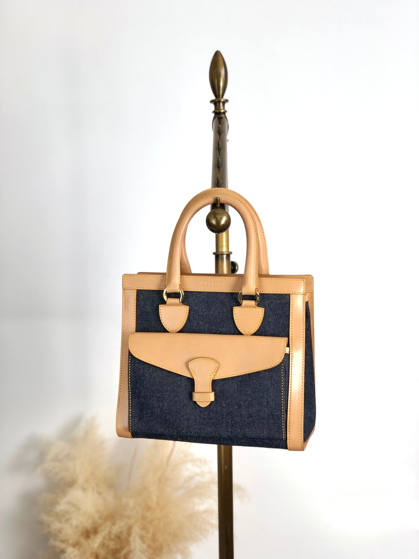 Christian Dior Logo Canvas Handbag Beige×Blue Vintage fwaghn