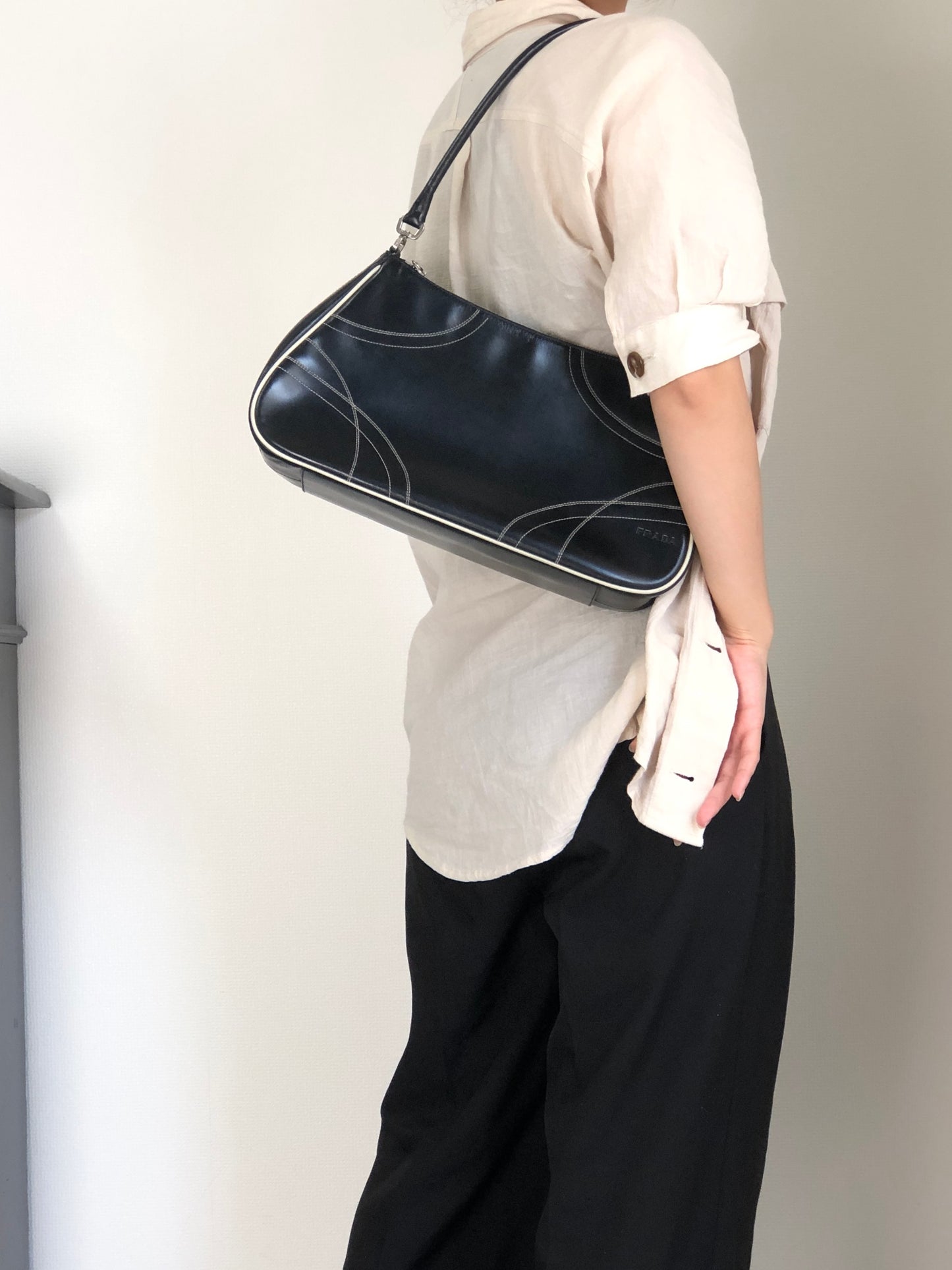 PRADA Stitch Shoulder bag Hobobag Black Vintage tfesrt