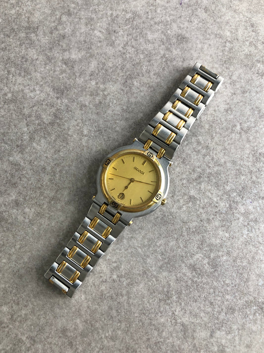 GUCCI Logo Quartz Watch Silver×Gold 9000G Vintage gmtubj