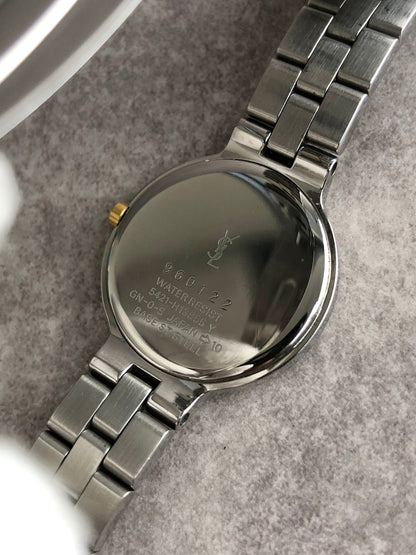 Yves Saint Laurent YSL Logo Quartz Watch Silver×Blue 5421-H13855 Vintage uchgez