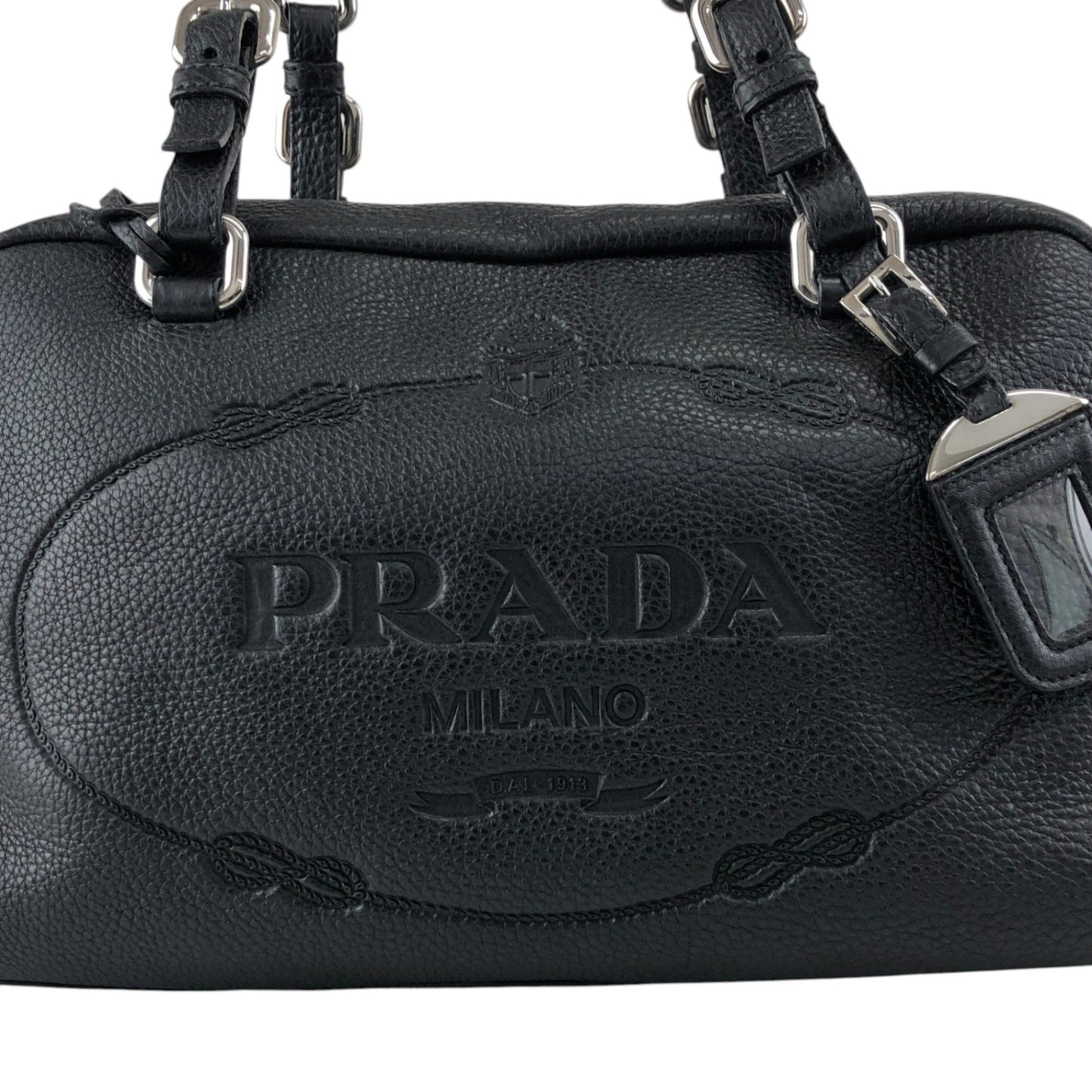 PRADA Logo Embossed Small Boston bag Handbag Black Vintage 6kdc52