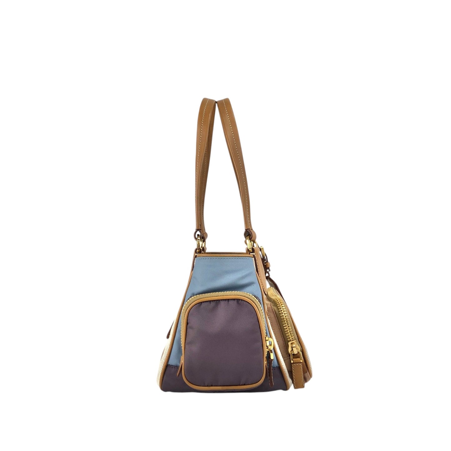 PRADA Triangle Logo Multi Pocket Handbag Totebag Beige×Blue Vintage fkki3a