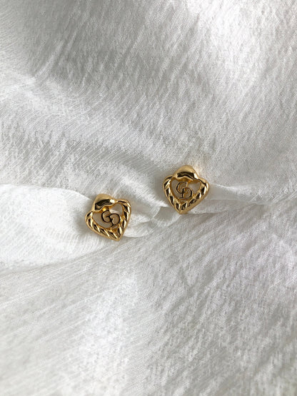 Christian Dior CD Logo Heart Motif Earrings Gold Vintage e88g44