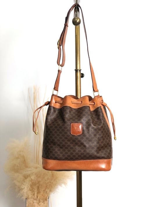 CELINE Macadam Blason Drawstring Shoulder bag Brown Vintage twzgft