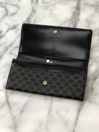 CELINE Macadam Logo Metal Clasp Long Wallet Black Vintage x577ej