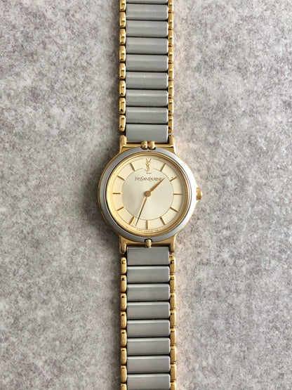Yves Saint Laurent YSL Logo Quartz Watch Silver×Gold Vintage cxgd6h