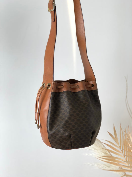 CELINE Macadam PVC Leather Drawstring Shoulder bag Brown Vintage 3enu7a