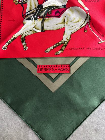 HERMES SILK Scarf Green LE MONDE POLO Vintage xnbcak