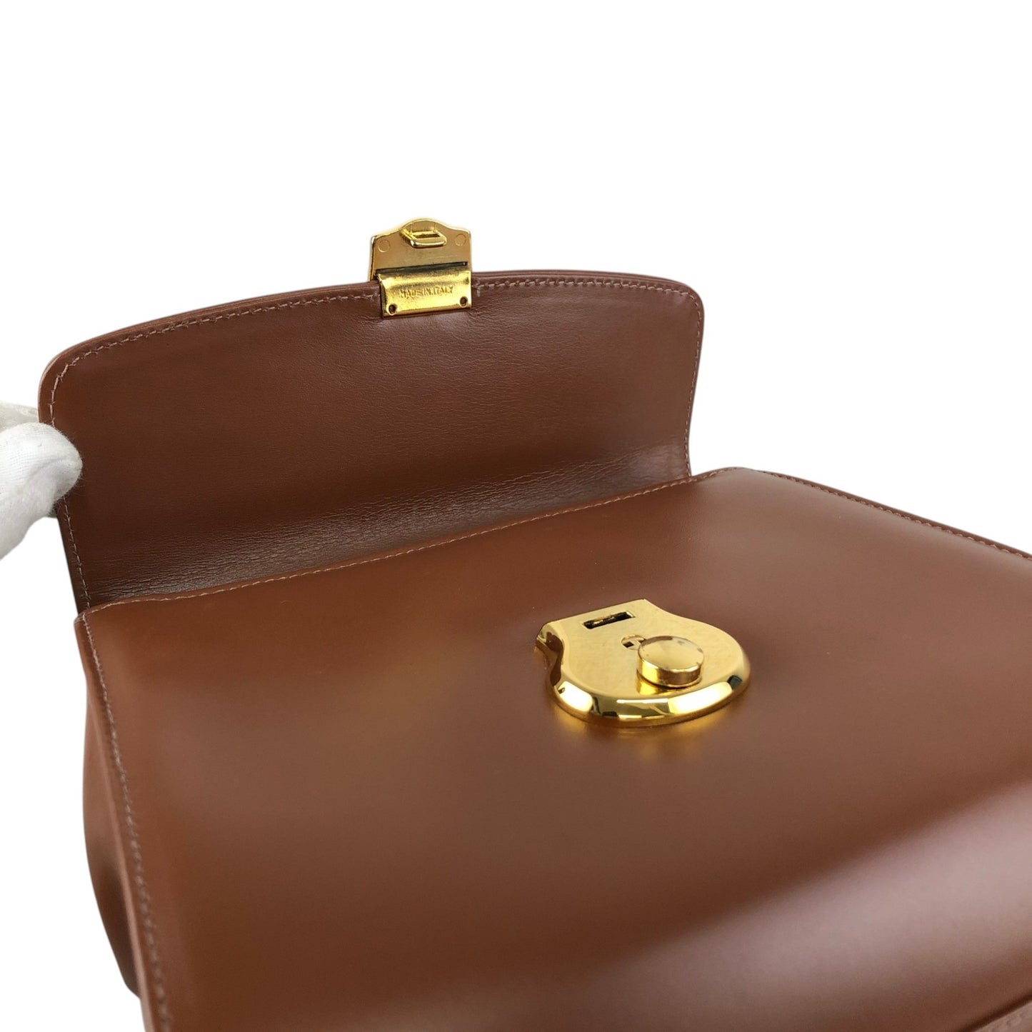 BURBERRY Front Lock Top Handle Handbag Brown Vintage 8sk6uz